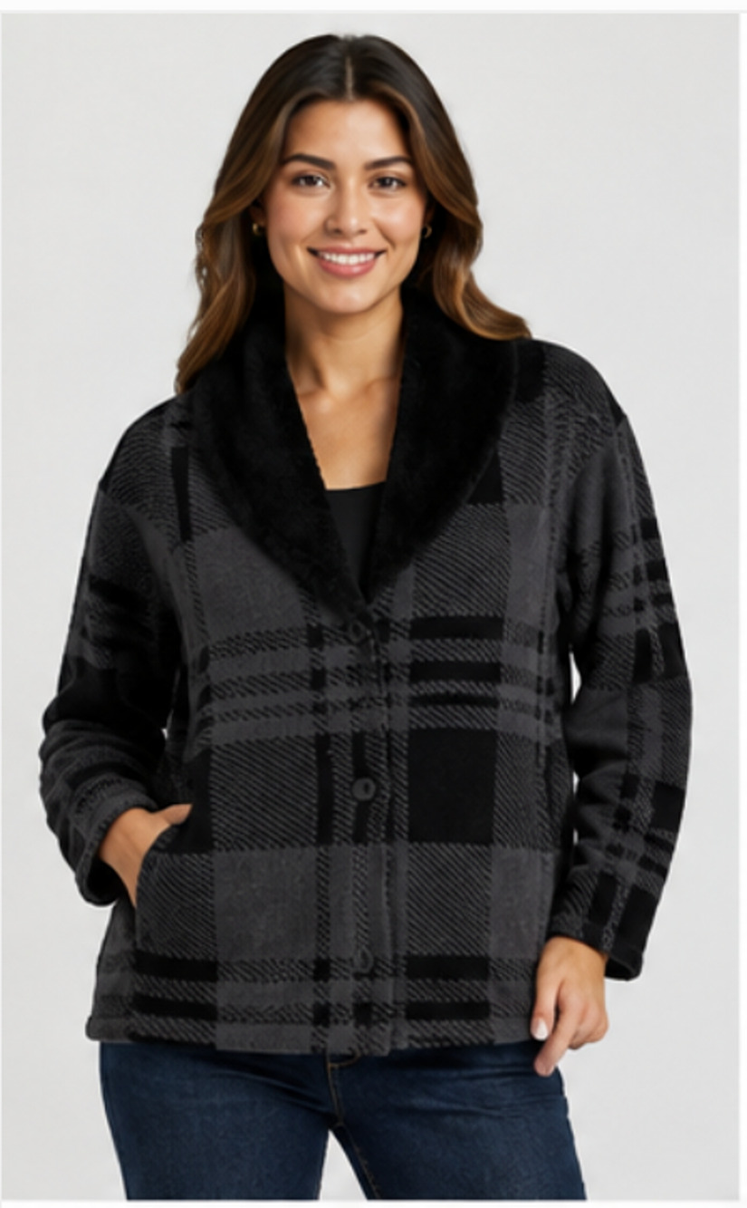 BAREFOOT DREAMS BLACK GRAY PLAID COZYCHIC SHEARLING CARDIGAN SWEATER JACKET SZ S